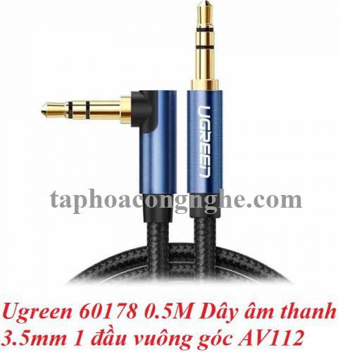 ugreen 60178 0.5M bẻ góc 90 độ cáp 3.5mm màu đen đầu xanh dương mạ vàng 24k 50cm AV112 30060178